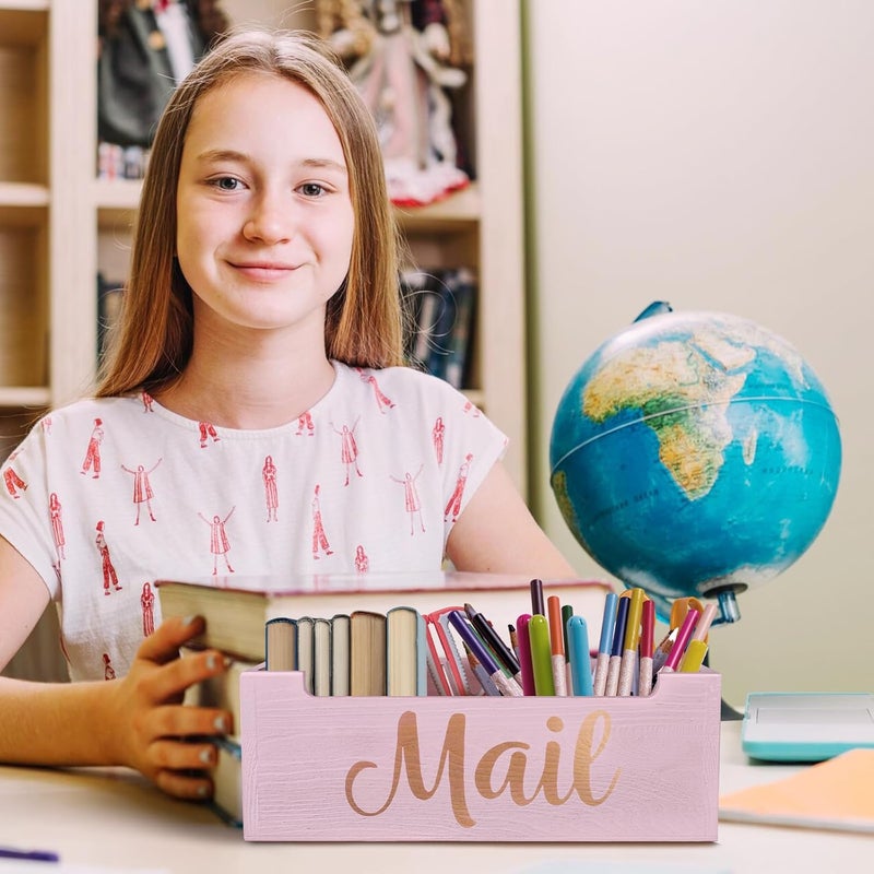BOTOP Pink Mail Organizer Cute Mail Holder Countertop, Wooden Mail Basket Mail Tray Letter Holder for Office Desk, Farmhouse Mail Storage Box Wall Mounted - Image 2